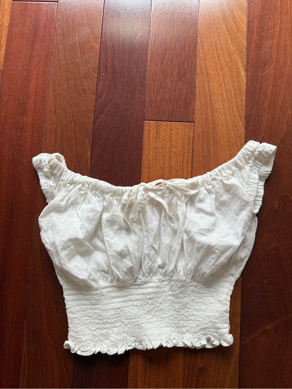 Brandy Melville White Smocked Off-Shoulder Crop Top with Tie